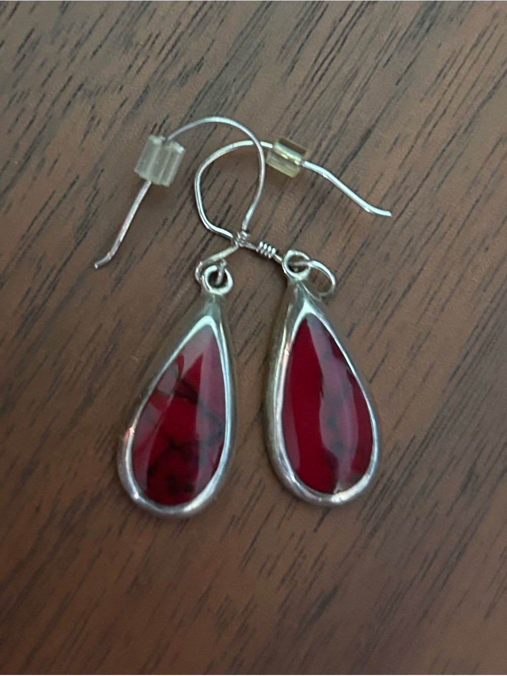 Red Teardrop Dangle Earrings - Sterling Silver